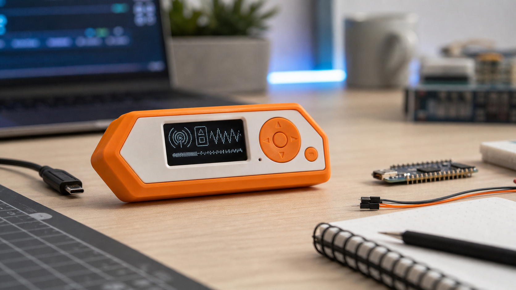 Orange and white handheld security learning device on a desk with electronics components